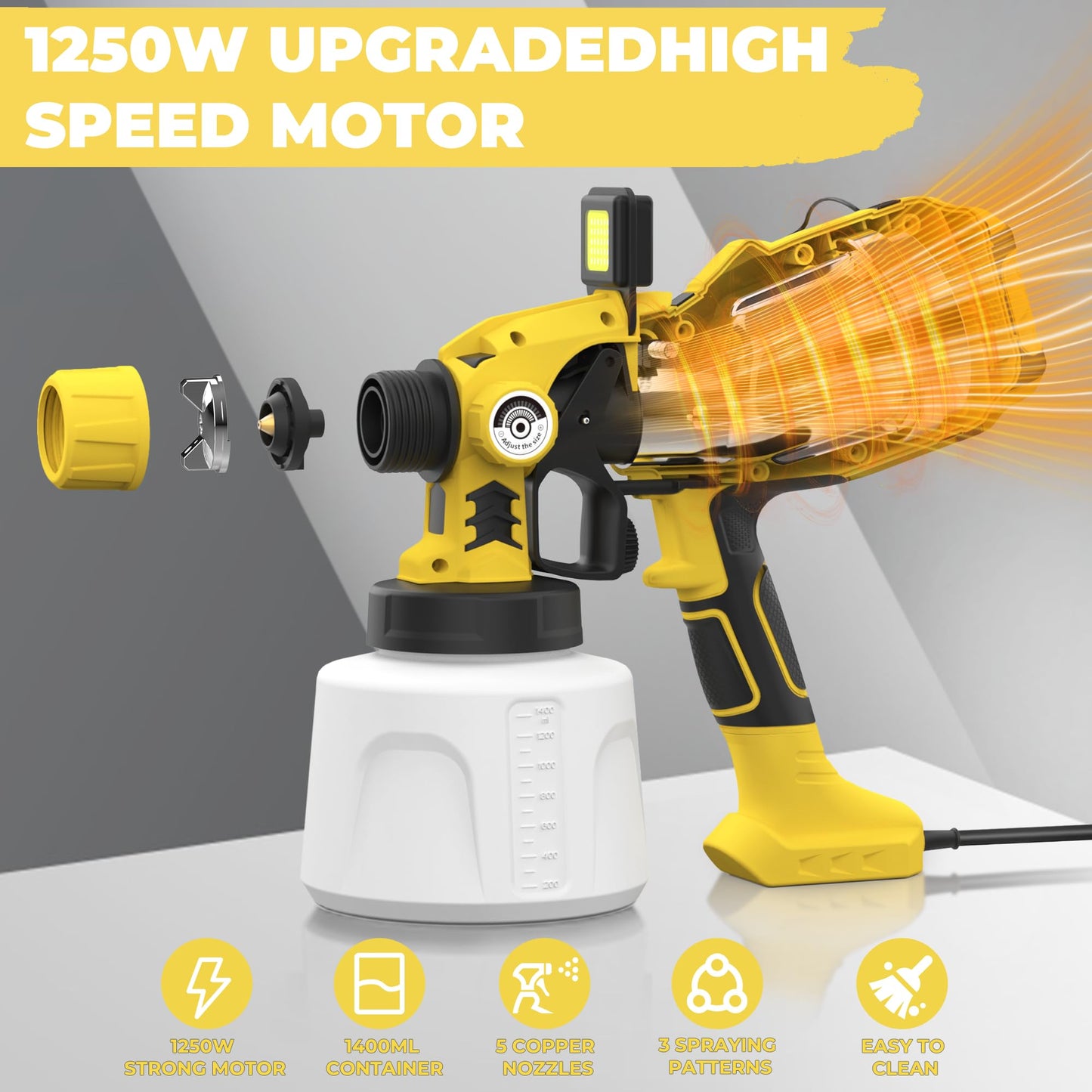 Paint Sprayer for House Painting, Paint Sprayer with 1250W Powerful Copper Motor, 1400ml (47oz) Container, 5 Brass Nozzles & LED Light, Easy to Clean for House, Fence, Furniture, DIY, Garden, Wallsr