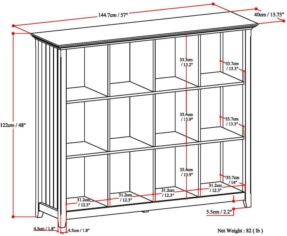 SIMPLIHOME Acadian Bookcase - 57 inch Tall 12-Cube Solid Wood Storage Display Unit in Black, Transitional Cube Organizer for Living Room, Study Room or Office with Fixed Shelves and Tapered Legs