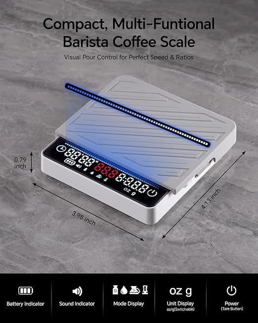 Digital Coffee Scale with Timer - MUVNA Mini Espresso Scale with Flow Rate Display & Brew Ratios, 4 Smart Modes, Rechargeable 2kg/0.1g Precision Scale for Pour Over, Coffee Bean Weight, Matcha, White