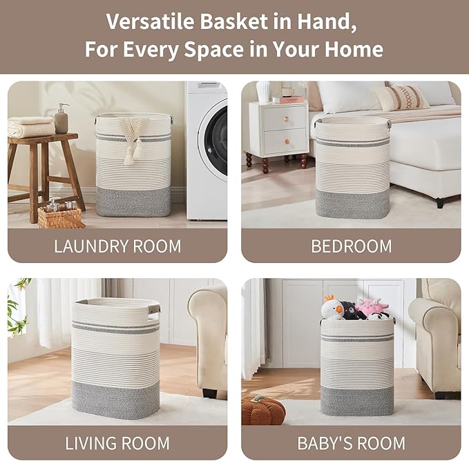 DOFASAYI Laundry Hamper - 85L Large Laundry Basket with Leather Handles, Decorative Storage Basket for Blankets - Clothes Hamper for Living Room, Bedroom, Grey & White