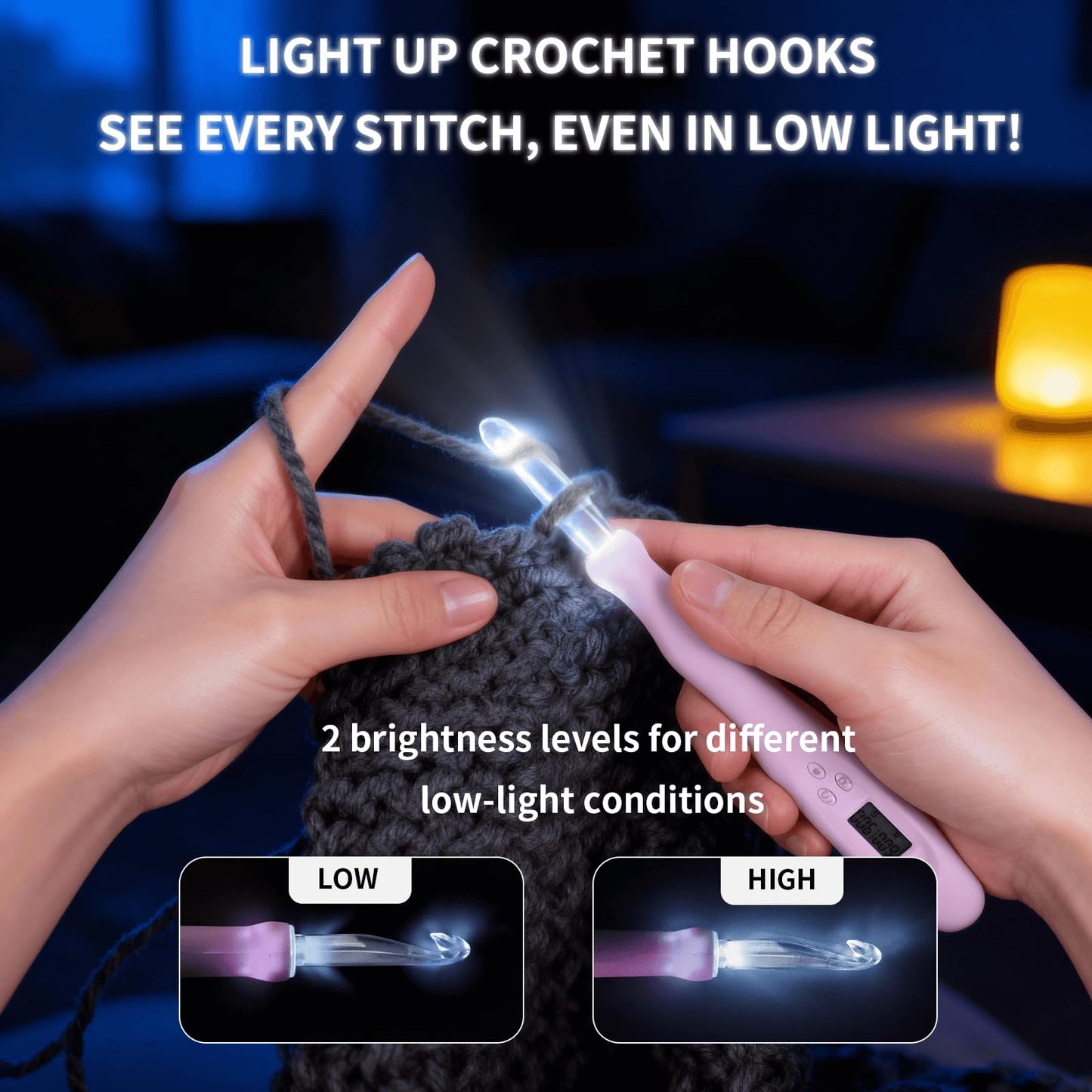 SPEENSUN Light Up Crochet Hook Set with Stitch/Row Counter, 18 Replaceable Heads (2mm-14mm) Crochet Hooks, Bright/Low Light Modes with Ergonomic Handle, 7-9hrs Runtime, Gift Box for Crafters