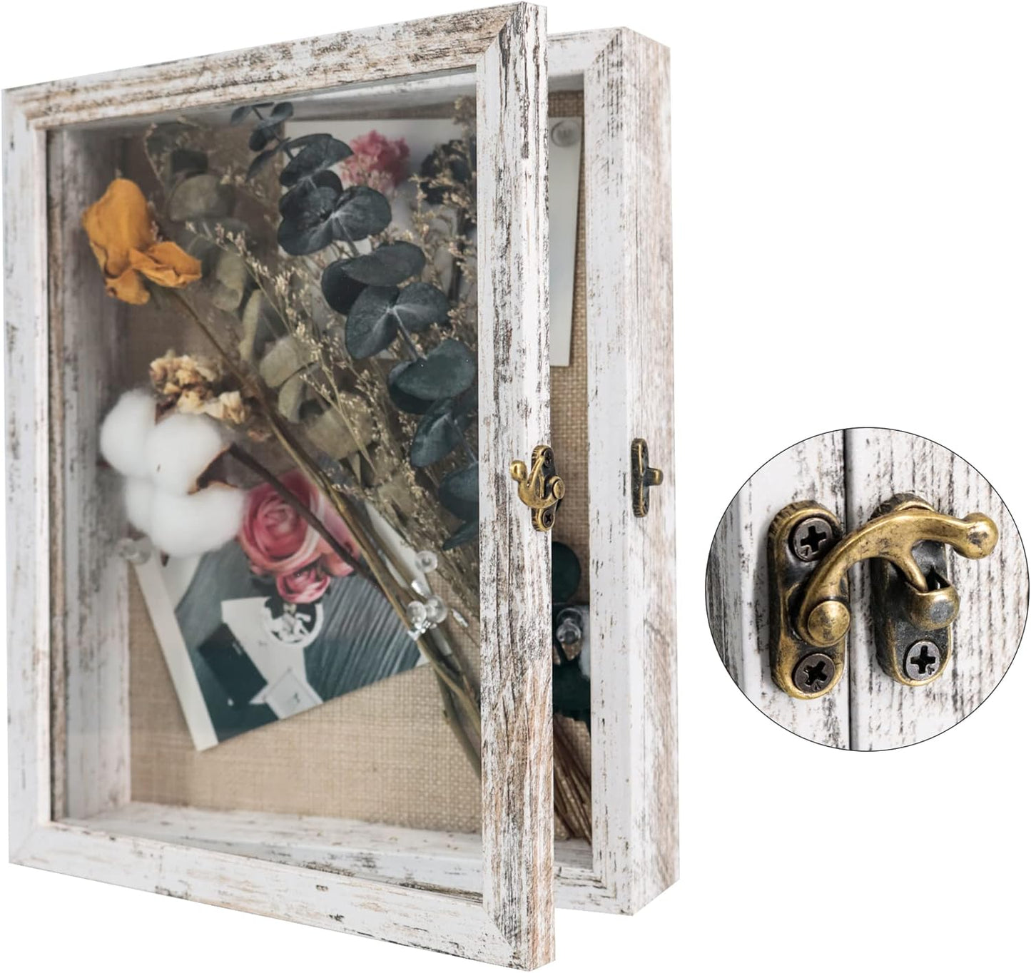 GraduatePro Shadow Box Frame 8x10 Display Case with Linen Back, Real Glass Window Door with Hinge, Picture Frame Wedding Bouquet Memorabilia Medals Photos Memory Box for Keepsakes, Rustic White