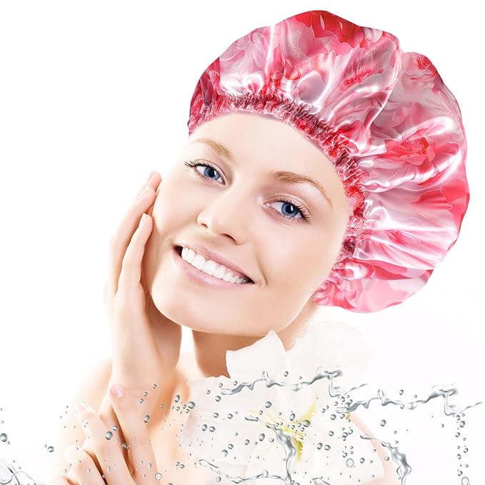 4 PCS Shower Caps for Women, Printing Bath Caps, Double Layers Shower Cap Reusable Waterproof, Bathing Shower Caps, Environmental Protection Hair Bath Hat - Flower