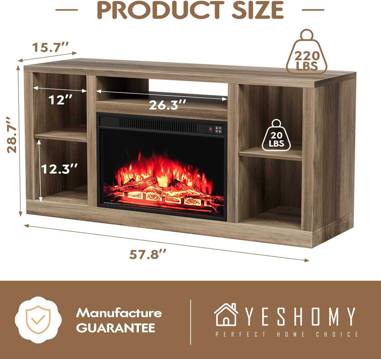 YESHOMY Electric Fireplace TV Stand for Televisions up to 65+ Inch, Media Entertainment Center Console Table with Four Open Storage Shelves & Cabinets, 58 Inch, Barnwood
