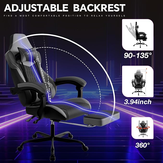 Gaming Chair with Footrest, High Back Gaming Chairs PVC Leather Ergonomic Gamer Chair with Adjustable Headrest Lumbar Support Racing Style Video Gaming Chair for Office/Home (BlackGrey)