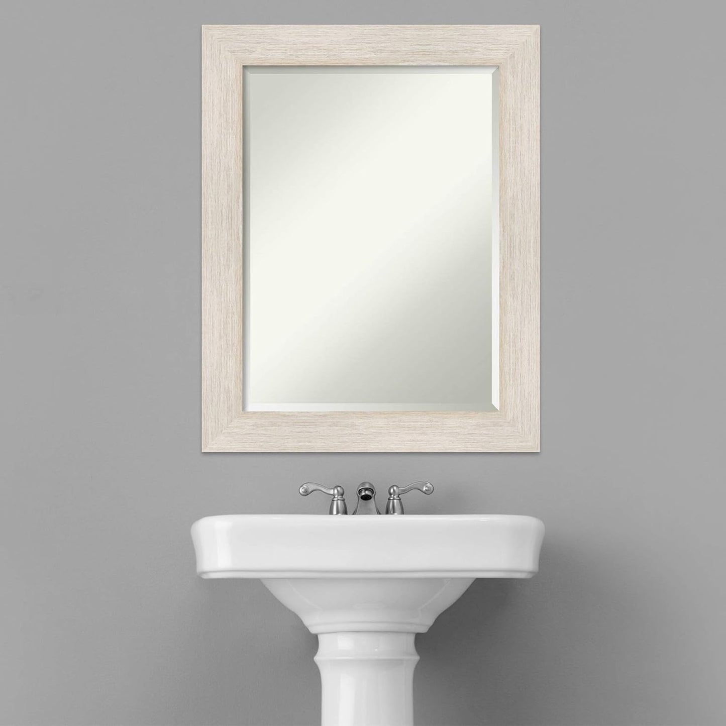 Amanti Art White Bathroom Mirror for Over Sink, 29x23 Hardwood White Wash Rectangle Vanity Mirror, Medium Rustic Farmhouse Wood Frame, Hangs Horizonally and Vertically, Bathroom Wall Decor, Beveled