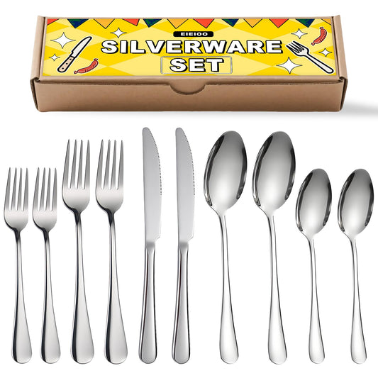 eieioo Silverware Set, Stainless Steel Cutlery Set for 2, Flatware Set Service 10 Pcs, Cutlery Utensil Sets with Knives, Spoons and Forks Sets, Mirror Polished, Dishwasher Safe (Set of 2)