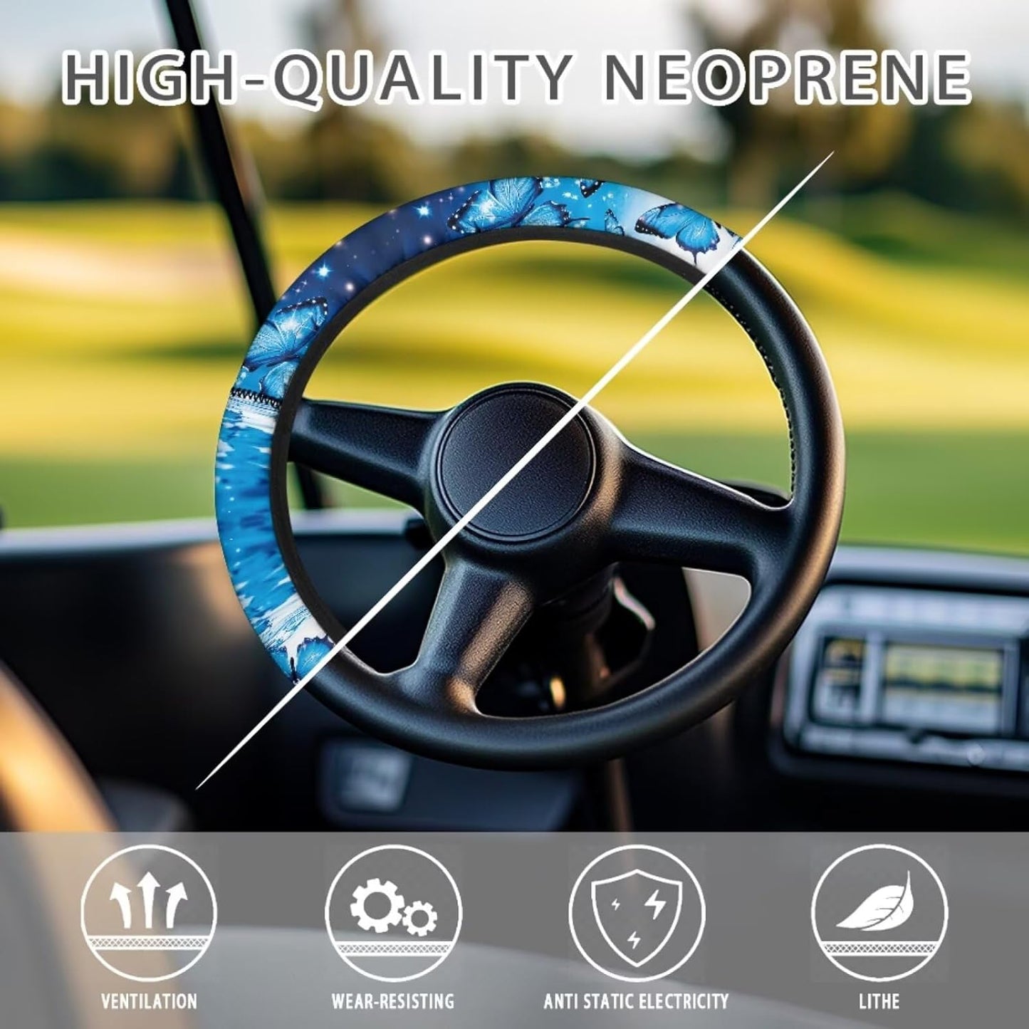Bling Butterfly Water Golf Cart Steering Wheel Covers for Club Car Blue Universal Fit Golf Cart Steering Wheel Covers Non-Slip Soft Boat Steering Wheel Cover, 13-14 Inch Protector