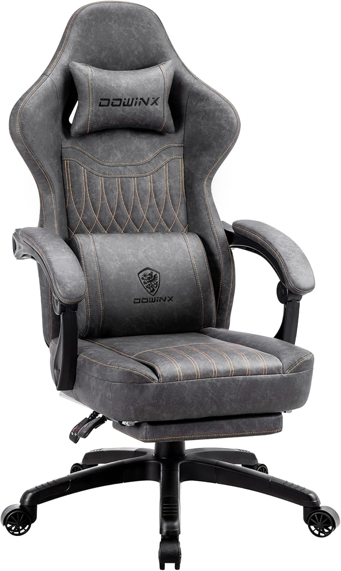 Dowinx Gaming Chair Breathable PU Leather Gamer Chair with Footrest Massage Lumbar Support, Big and Tall Ergonomic Reclining Computer Chair with Pocket Spring Cushion for Adults Teens (Grey)