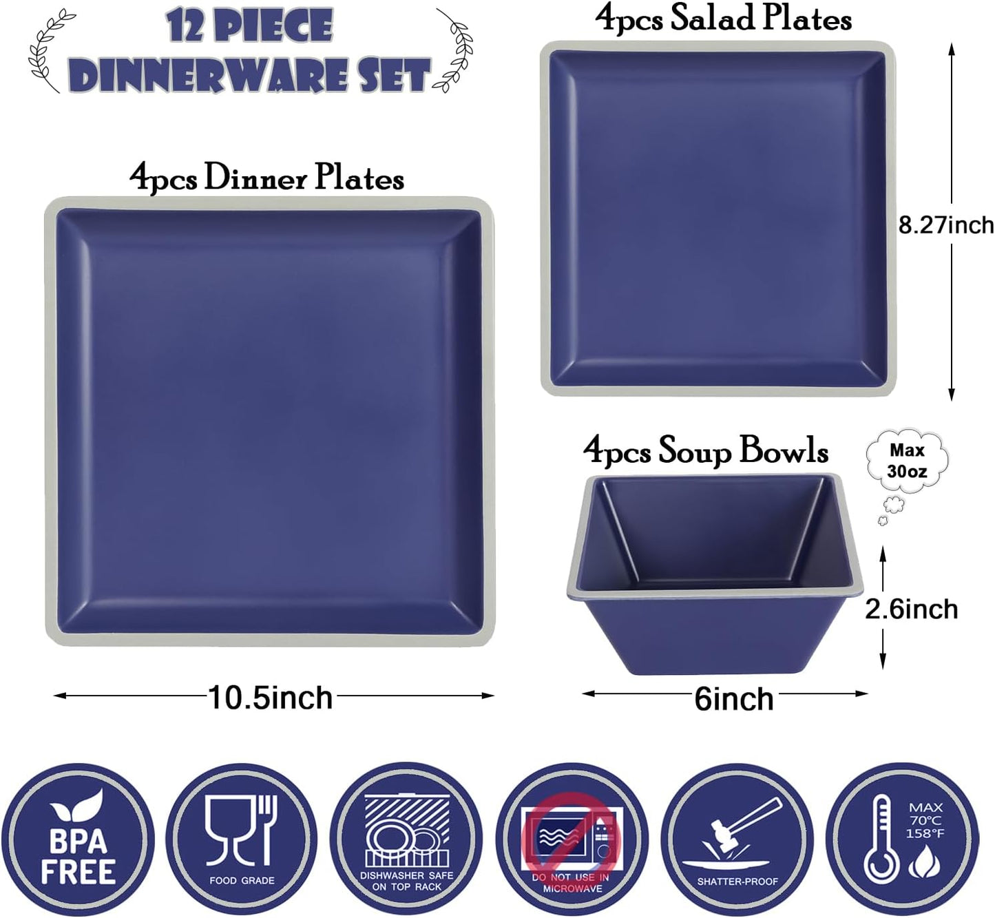 Square Melamine Dinnerware Sets， Durable Square Dinner Plates and Bowls Set,12-Piece Set Non-breakable Lightweight Dinner Tableware Sets, Service for 4