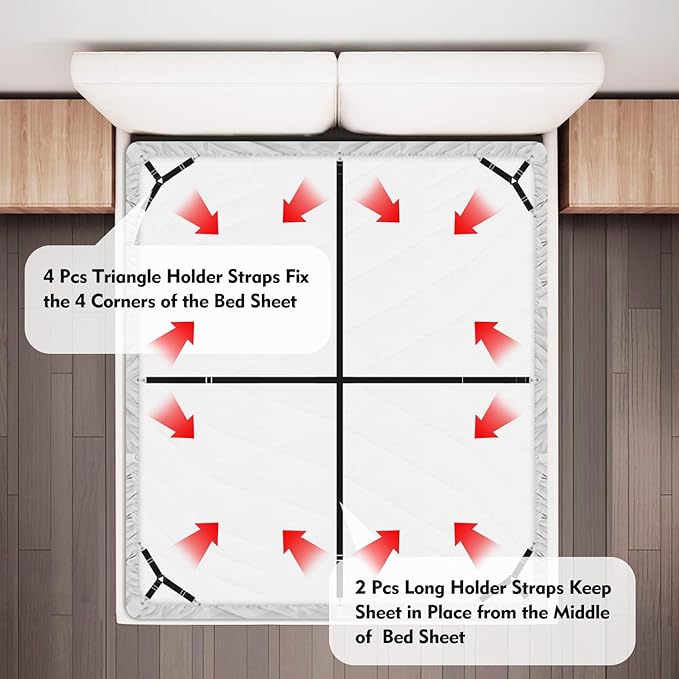 Bed Sheet Holder Straps, 4+2 Pcs Adjustable Mattress Sheet Clips, Bed Sheet Fasteners Elastic Sheet Suspenders to Keep Bed Sheet in Place for Different Beds (Black)
