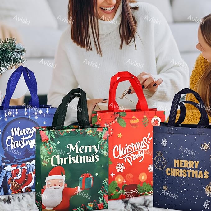 16PCS Christmas Tote Treat Non-Woven Gift Bags with Handles for Gifts Wrapping Shopping, Xmas Party Supplies, 12.2×9.8×4.53inch