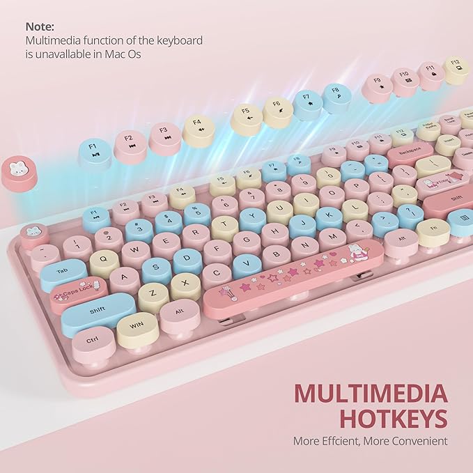 Owpkeenthy Pink Keyboard and Mouse Wireless, Cute Colorful Typewriter Keyboard Full-Sized with Number Pad Round Keycaps for Desktop, Laptop and Computer(Coloful Pink)