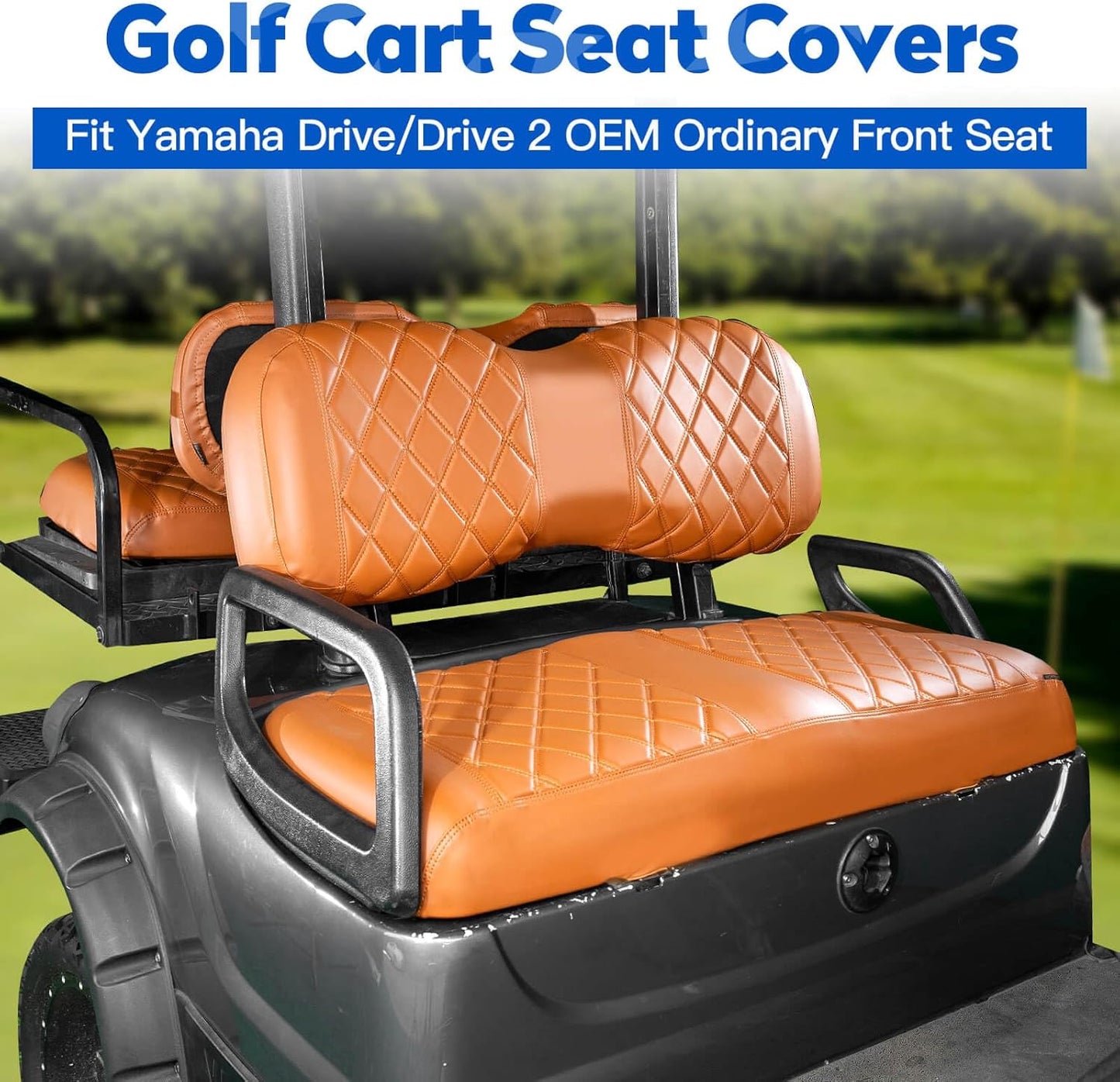 NOKINS 4PCS Golf Cart Seat Covers Kit, Front and Rear Seat Covers Fits YAMAHA/G29/Drive2 Standard Seat Cushion, Yamaha Vinyl Diamond Replacement Seat Covers, No Stapler(All Brown)