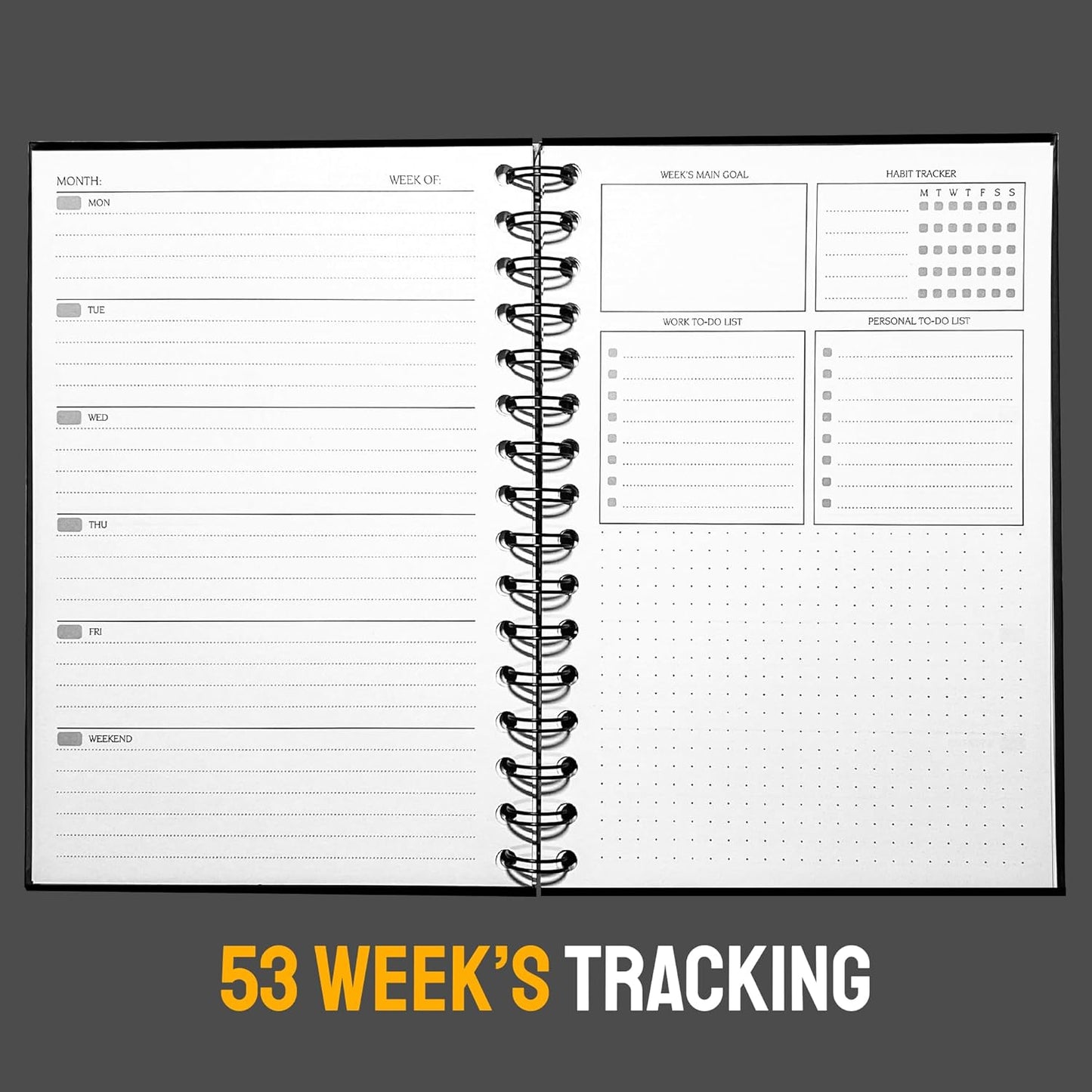 Undated Weekly Planner Notebook, A5 (5.8" x 8.3") Hardcover Weekly to do List Notebook for Work with Goal & Habit Tracker - Spiral Black