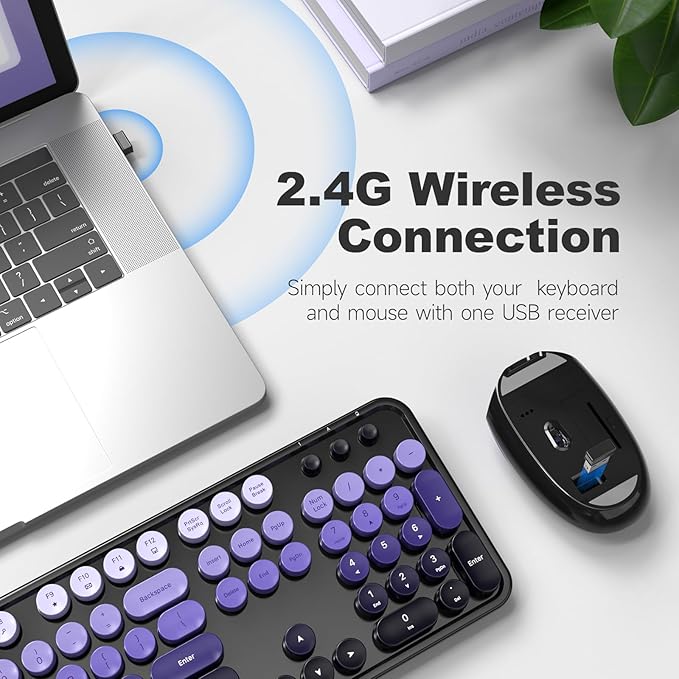 Wireless Keyboard and Mouse Combo, 104 Keys Full Size Typewriter Keyboards, 2.4G USB Plug and Play for Windows 7 8 10 11, PC, Laptop, Desktop, Black & Purple