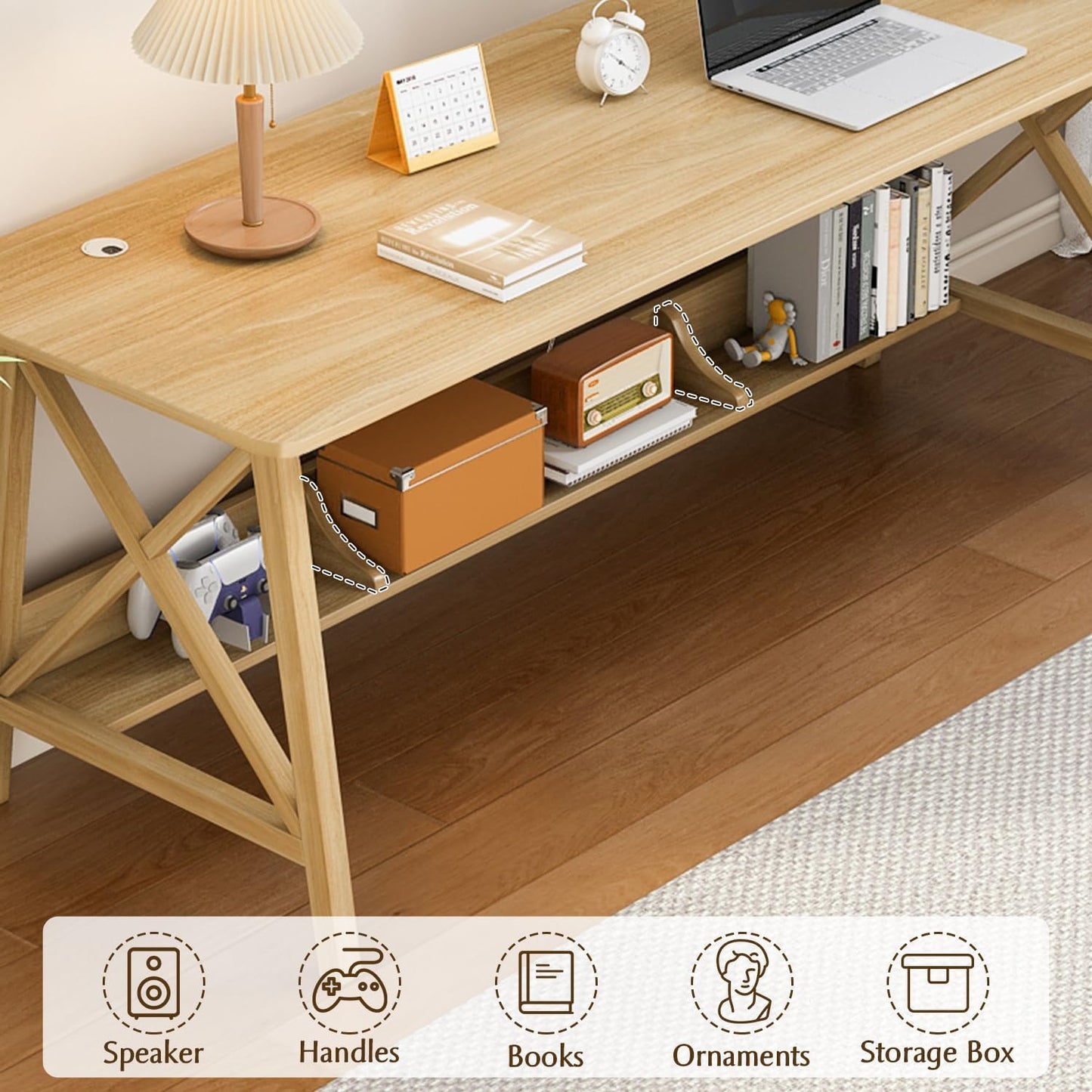Extra Long Desk with Bookshelf - Wooden Home Office Work Study Table, 2-Person Writing Computer Workstation with Storage Shelf in Oak, 71" Wx20 Dx30 H