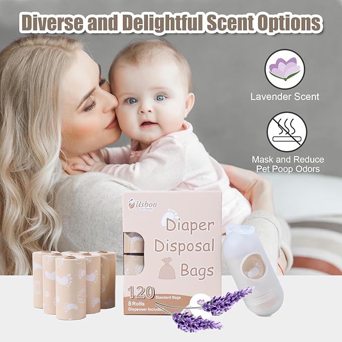 Diaper Bags Disposable for Baby, Biodegradeable Dirty Diaper Bags (8 Refill Rolls/120 Bags) with Dispenser, Leak Proof Diaper Trash Bags, Baby Poop Bags, Lavender Scent