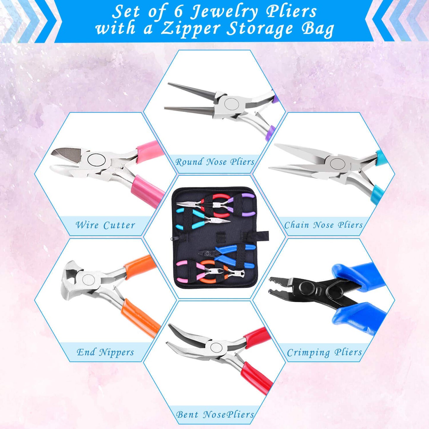 Acejoz Jewelry Making Tools Kit: 6pc Set, Including Needle Round Nose, Wire Cutters, Crimper & End Nippers for Beading & Craft