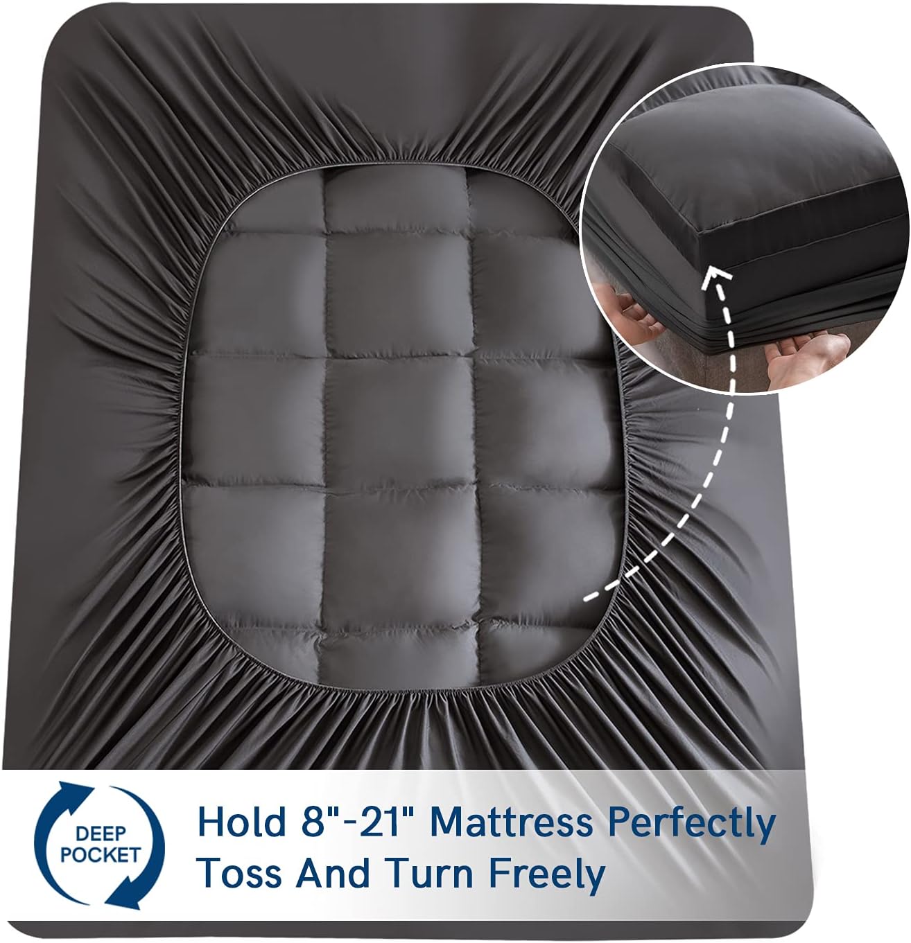 ELEMUSE Full XL Grey Mattress Topper for Back Pain, Extra Thick Mattress Pad Cover, Plush Soft Pillowtop with Elastic Deep Pocket, Overfilled Down Alternative Filling