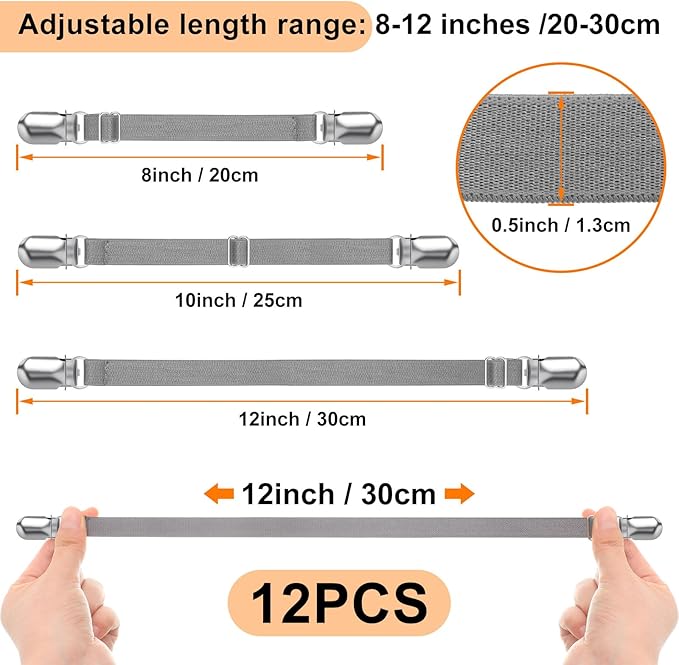 Boao 12 Pcs Bed Sheet Clips Straps Sheet Corner Straps Holder Adjustable Mattress Clips, Elastic Bed Grippers Suspender Fasteners Holder for Home(Black Gray White,8-12 Inch Length)