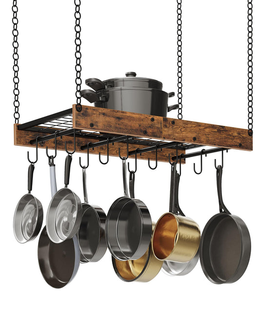 CHOEZON Hanging Pot Rack, Vintage Pot Hangers for Kitchen, Ceiling Mounted Pot Rack, Pot and Pan Hanging Rack with 12 S-Shaped Hooks, for Cookware Storage, Rustic Brown and Black TPR01BF