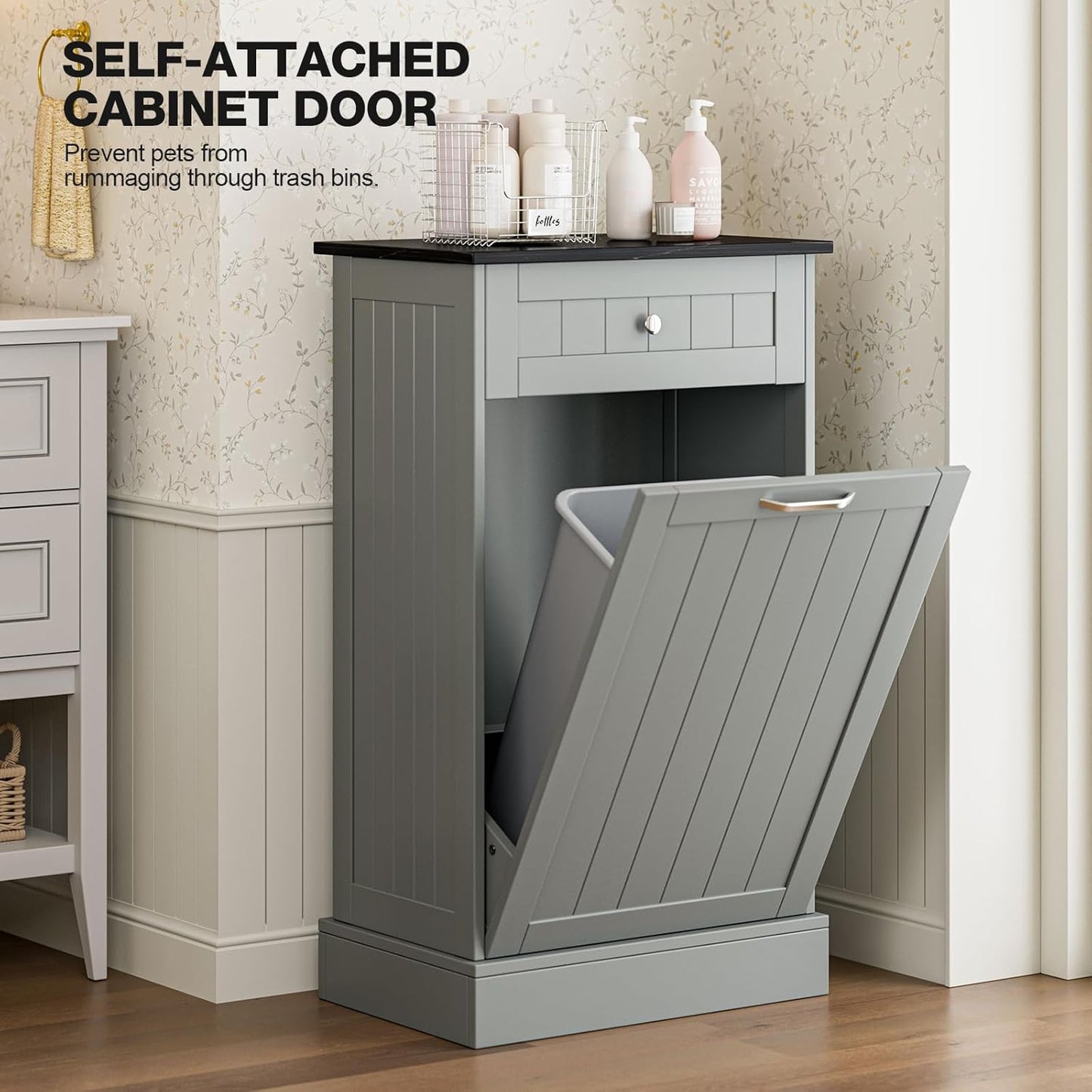 GAZHOME 10 Gallon Tilt Out Trash Cabinet, Upgrade Wooden Free Standing Recyclin Trash Cabinet with Hideaway Drawer(Gray)