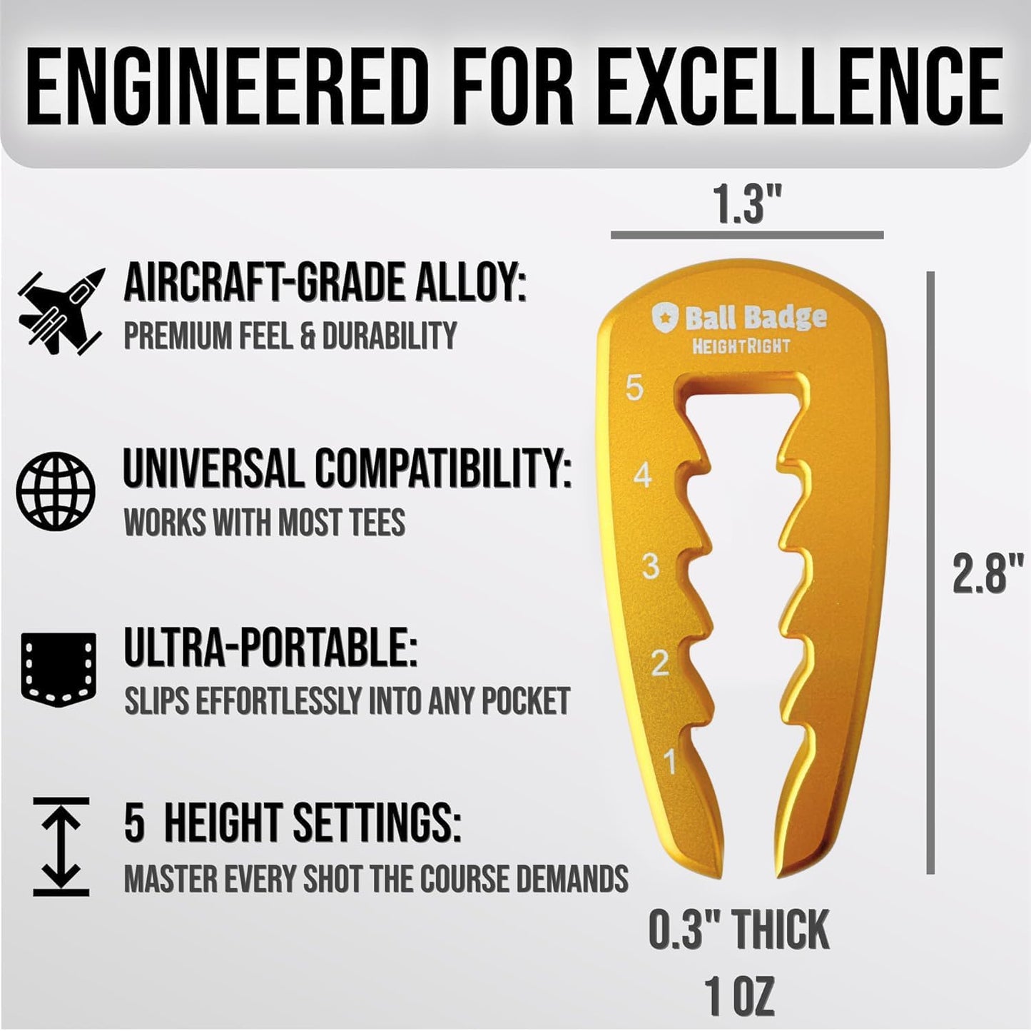 Ball Badge HeightRight Adjustable Golf Tee Height Tool – Precision Tee Height Setter for Consistent Swings, Durable Aluminum Design, Easy-to-Use Golf Training Aid