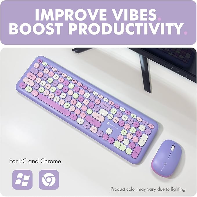 X9 Purple Wireless Keyboard and Mouse Combo - 2.4G Full Size Colorful Keyboard and Mouse Wireless - Cute and Aesthetic Retro Typewriter Combo for PC Computer Desktop and Laptop.