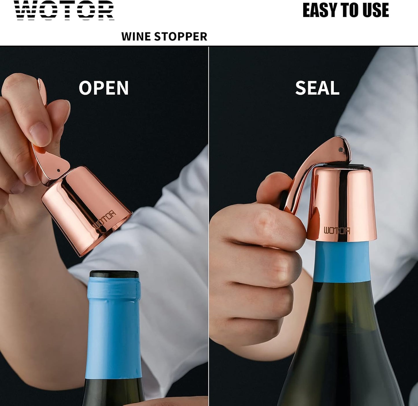 WOTOR Stainless Steel Wine Bottle Stoppers with Silicone - Reusable Wine Saver and Decorative Bottle Sealer, Leakproof, Keep Fresh, Rosegold, 2 Pack