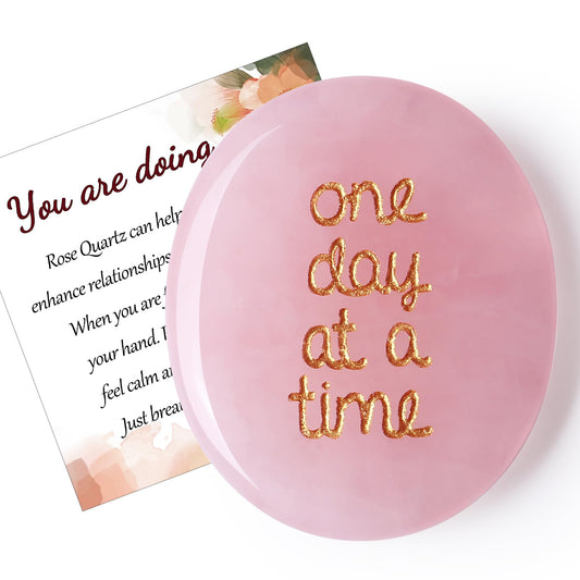 QINJIEJIE One Day at A Time Rose Quartz Worry Stone Healing Crystal Thumb Stones Thinking of You Gifts for Anxiety Relief Items You Got This Valentine's Day Gifts for My Love Gifts for Women