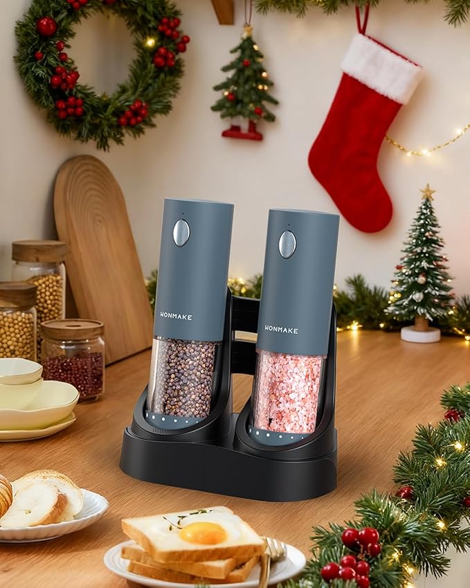 Electric Salt and Pepper Grinder Set - Automatic Refillable Salt and Pepper Grinders with Charging Base & LED Light, 6-Level Adjustable Coarseness with External Dial, Ideal Kitchen Gadget，Blue