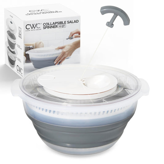 COOK WITH COLOR Collapsible Salad Spinner - 4 QT Space Saving Lettuce Dryer with Folding Collapsible Colander Great for Washing and Drying Fruit and Vegetables (Grey)