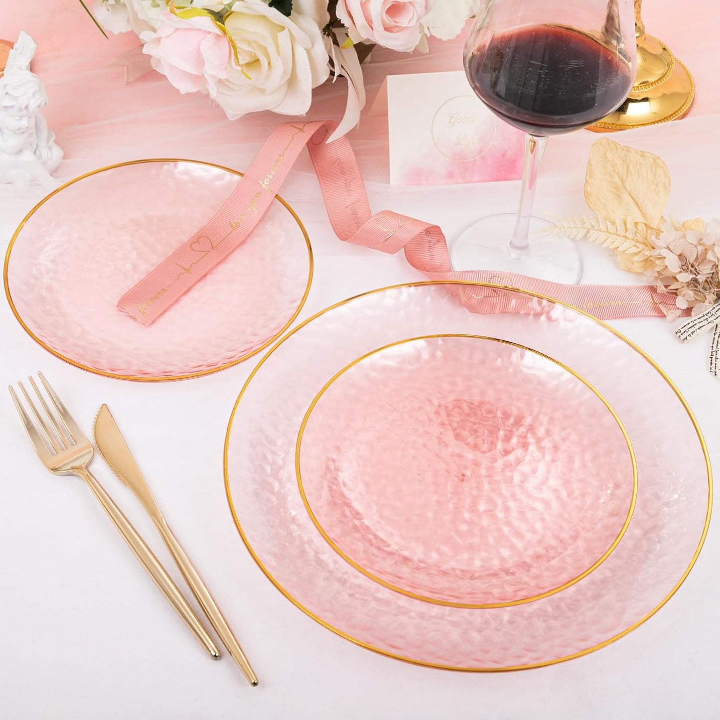 Rubtlamp 60Pcs Pink Plastic Plates,Clear Pink Plates With Gold Rim,Hammered Gold Plates Include 30Pink Plastic Dessert Platos, 30Gold Dinner Platos For Party