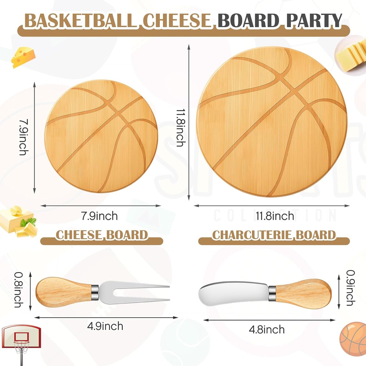Basketball Cheese Board Gift Set Party Favor Prizes Charcuterie Wood Board with Knives and Box Father Day Gift for Dad Grandpa Party Tournament Game(7.9"x 7.9", Bamboo Color)