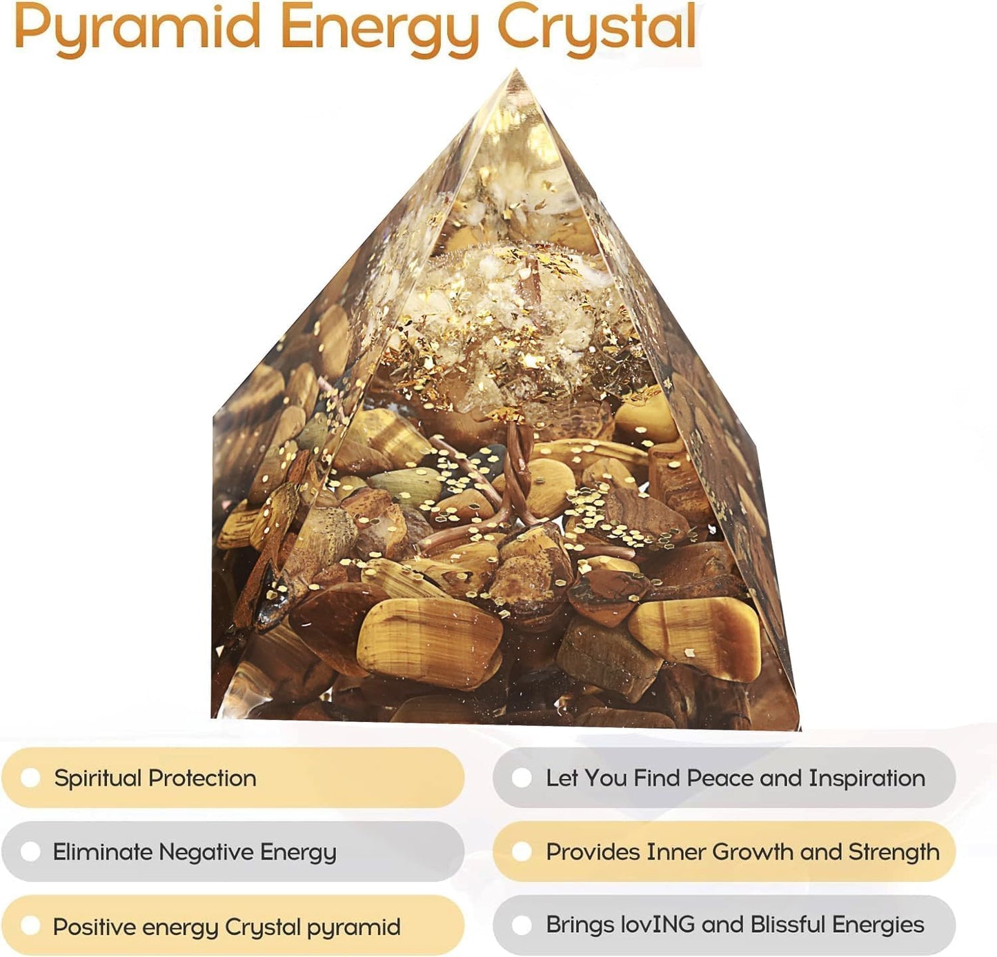 Tree of Life Orgone Pyramid Citrine with Tiger Eyes Positive Energy Healing Crystals Pyramid for Reduce Stress Chakra Reiki Meditation Attracts Lucky and Success