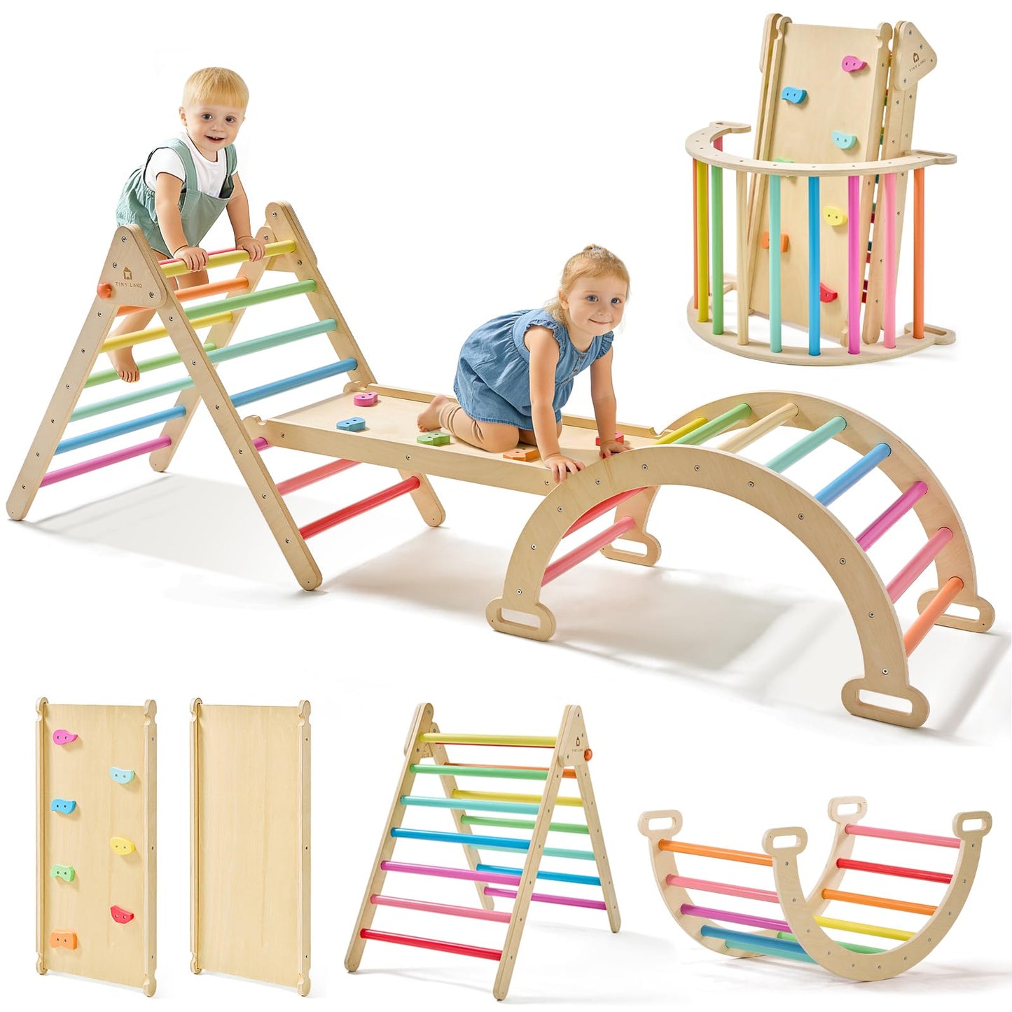 Tiny Land Pikler Triangle Set, 7-in-1 Foldable Pikler Triangle Climbing Toys Set for Kids,Baby Indoor Playground Jungle Gym, Wooden Montessori Climbing Set for Toddler (Rainbow)