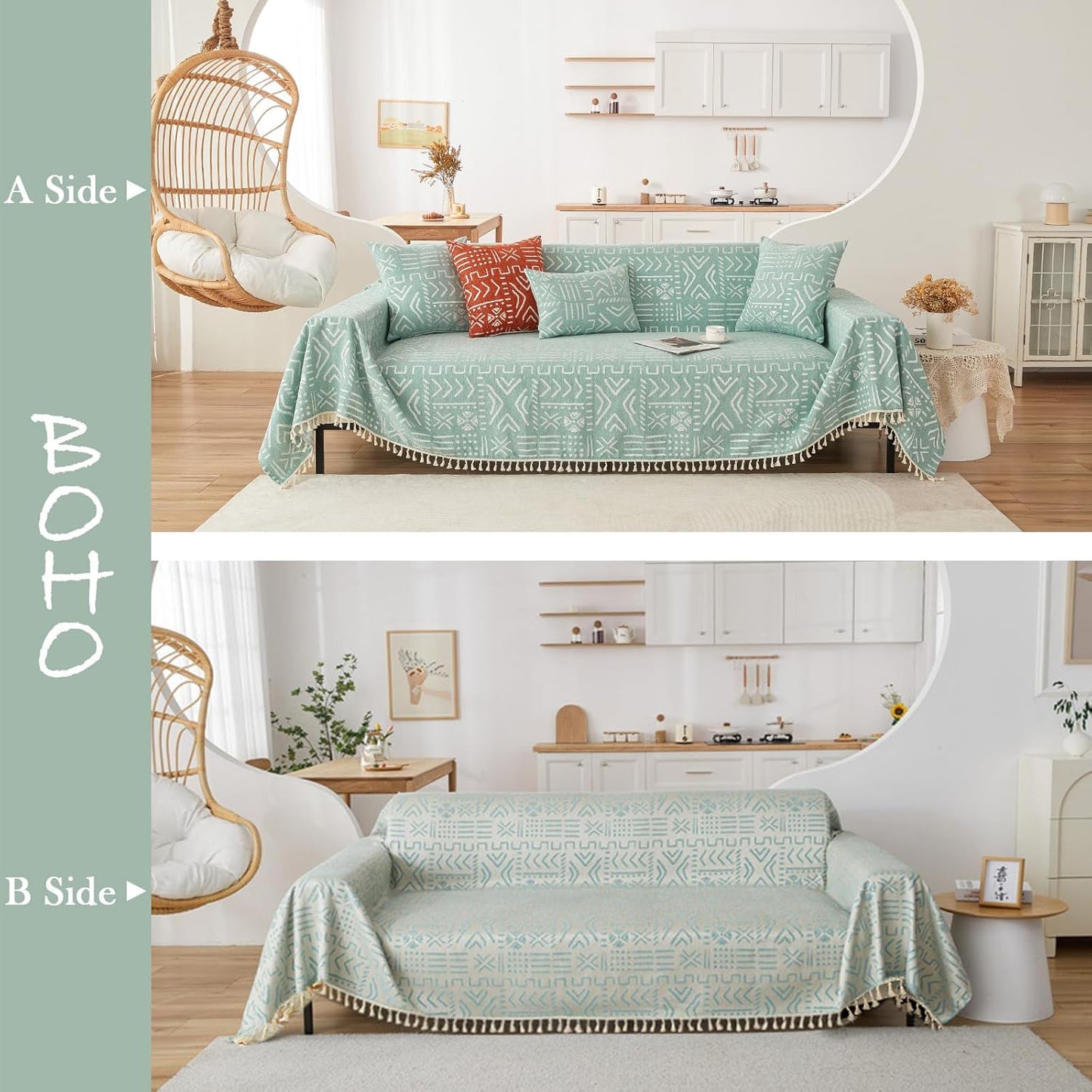 HANDONTIME Farmhouse Couch Cover Tassel Light Green Sofa Covers for Dogs Boho Décor Geometric Aztec Couch Cushion Cover Sofa Protector Cover Sectional Couch Covers for 3 Cushion Couch, 71" X134"