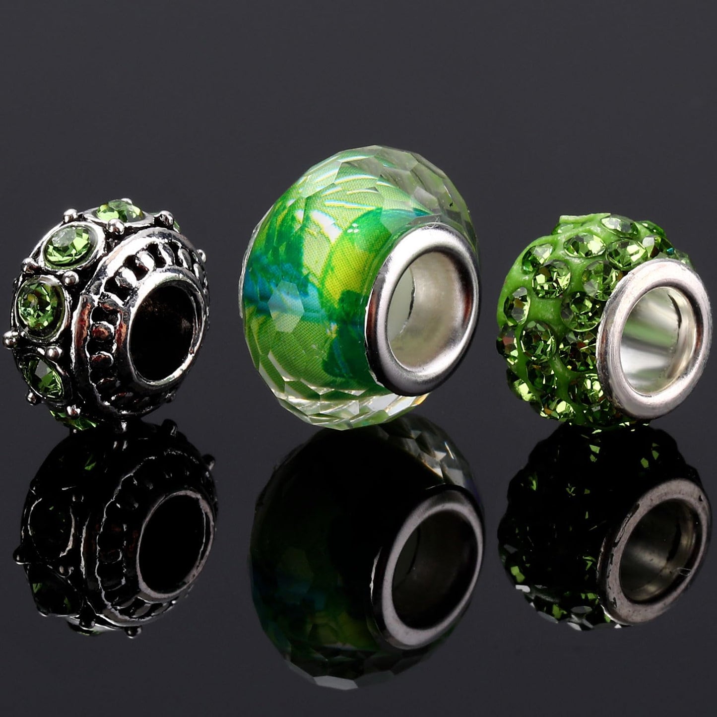 Hicarer 80 Pcs Assorted European Large Hole Beads, Spacer Glass Beads Rhinestone Metal Macrame Charms Supplies for DIY Crafts Bracelets Necklaces Jewelry Making(Green)