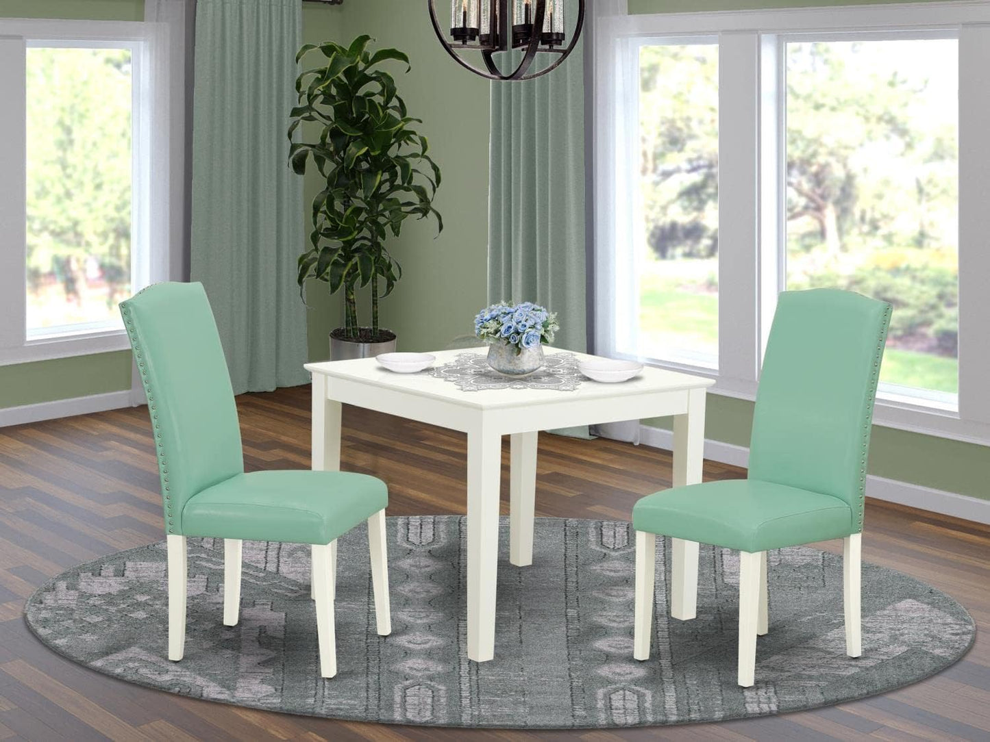 East West Furniture OXEN3-LWH-57 3 Piece Dinette Set for Small Spaces Contains a Square Dining Room Table and 2 Pond Faux Leather Parsons Dining Chairs, 36x36 Inch, Linen White
