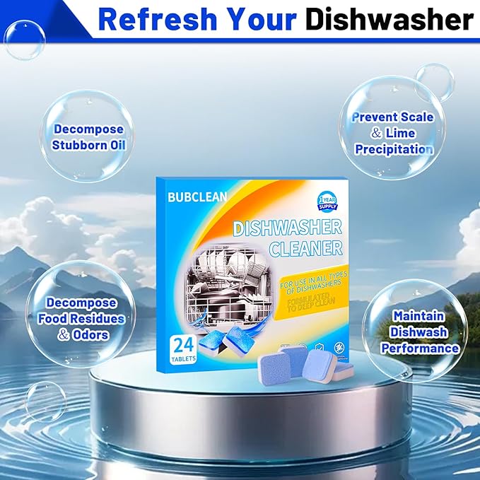 Dishwasher Cleaner＆Deodorizer Tablets, 24 Pack Deep Cleaning Descaler for Dishwasher, Natural Odor, Limescale, Grease, Calcium ＆ Smell Remover, Septic Safe with Lemon Scent - 12 Month Supply