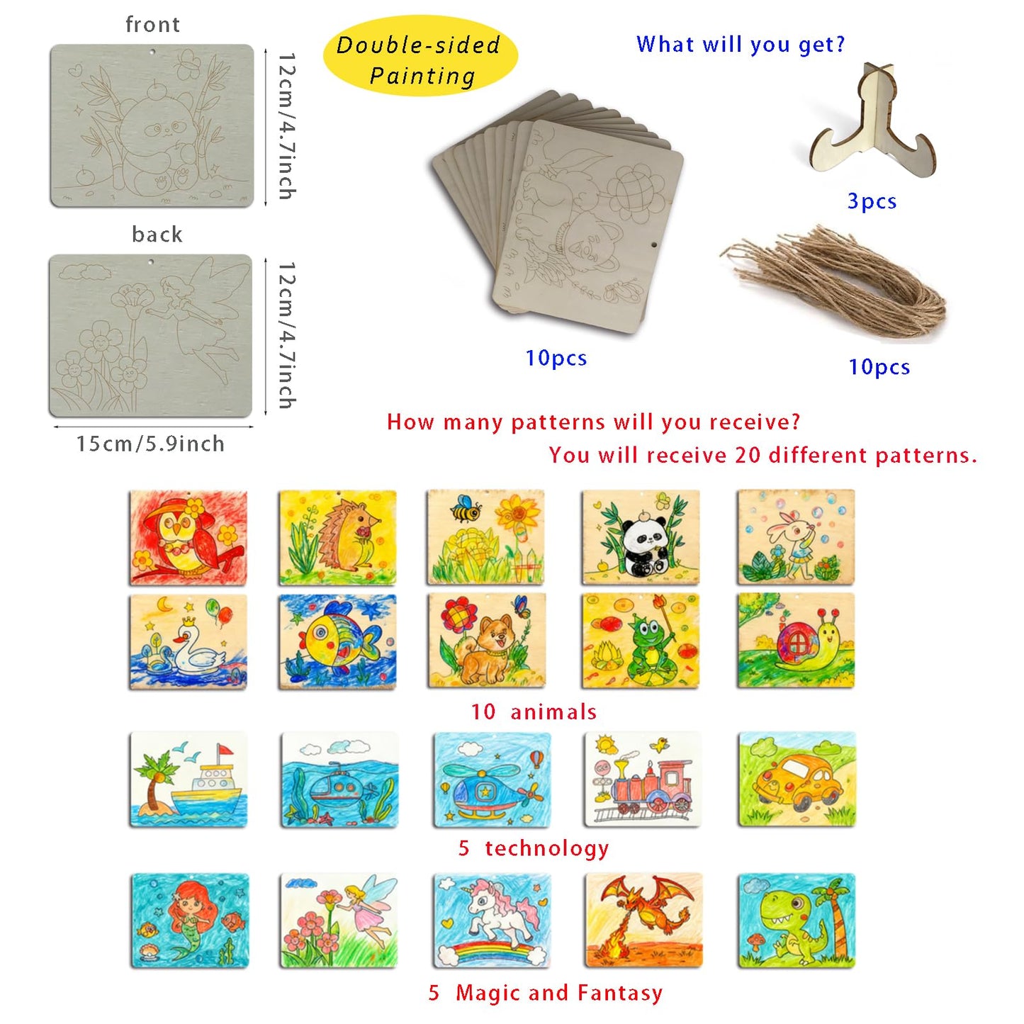YvSuZeBuDa 10pcs Wooden Ornaments to Paint - 5.9x4.7in Unfinished Wooden Shapes with Double-Sided Designs - Safe Rounded Corners,Hang or Display with Stand - Painting Kits for Kids Ages 4-8