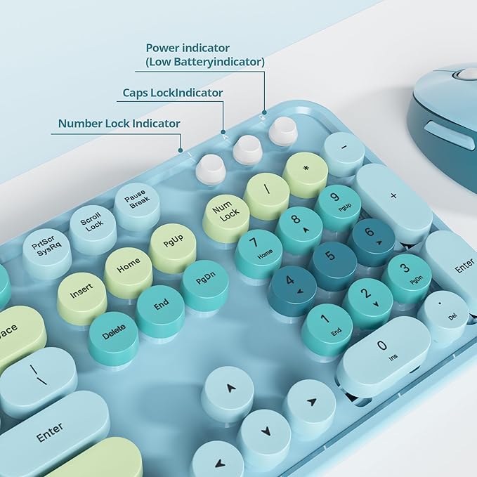 Wireless Keyboard and Mouse Set, Retro Typewriter Keyboard, 2.4GHz Full Size 104-Key Cute Keyboard with Number Pad, Colorful Keyboard with Round Keycaps for Windows PC Laptop(Colorful Blue)