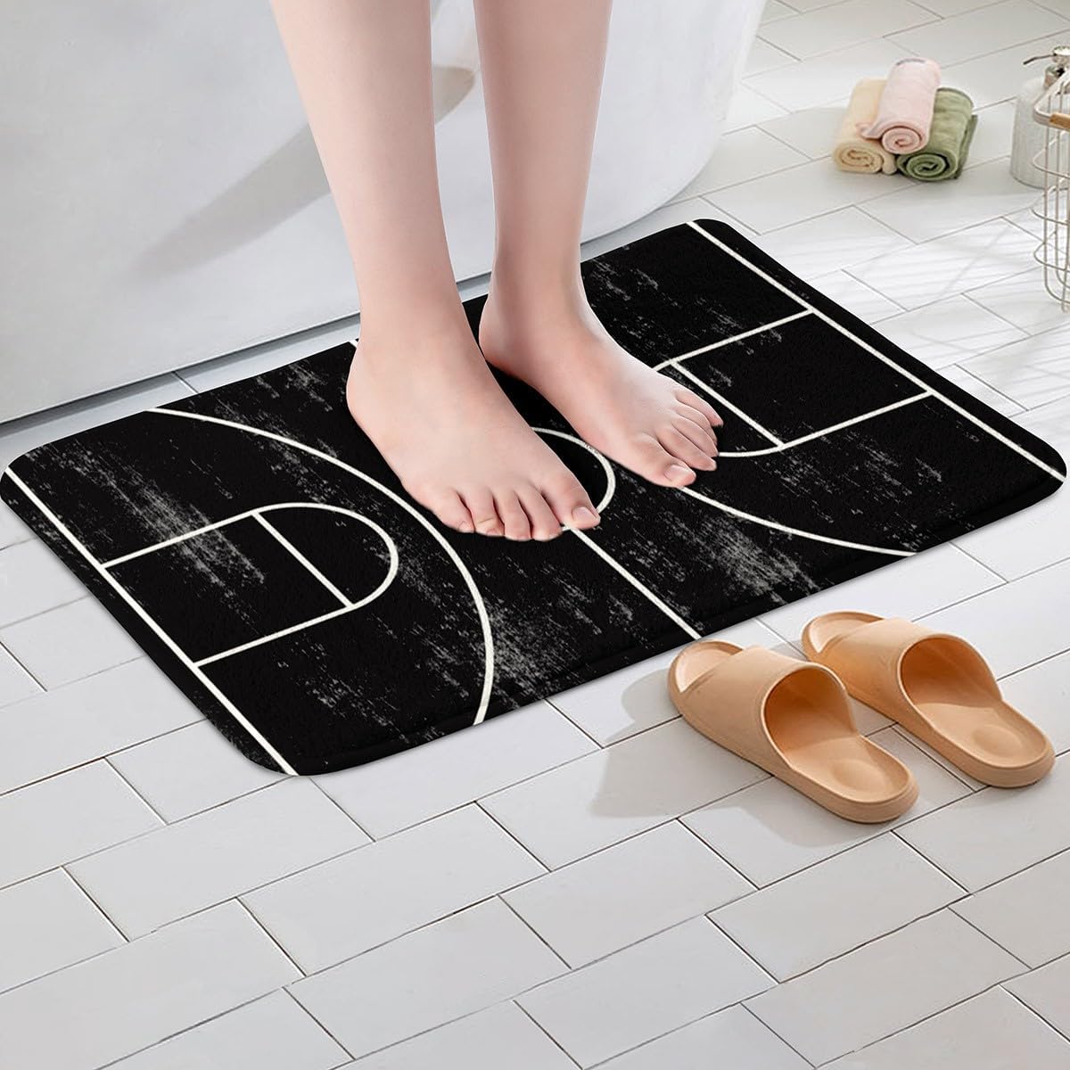 Feelyou Basketball Polyester Bath Rug Black White Soft Fleece Door Carpet for Kids Boys Girls Basketball Court Print Non Slip Bath Mat Ball Game Bathroom Floor Indoor Doormat,20x32 Inch