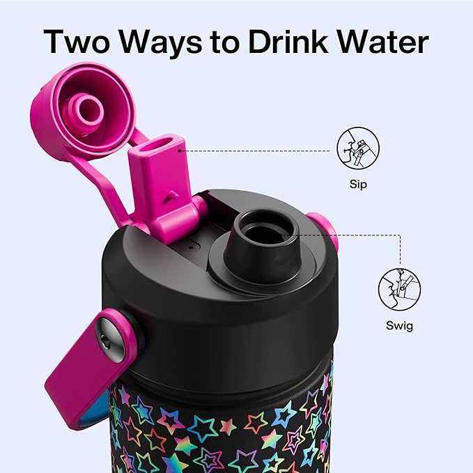 ENCOOL Insulated Water Bottle with Straw Stainless Steel Water Bottle, Leak-Proof, BPA-Free, Double Wall Vacuum Keeps Cold for 24 Hours for Sports, Travel, School (26 oz, Neon Starfall)