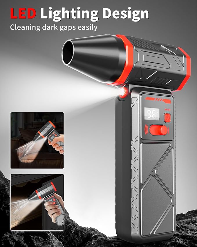 Compressed Air Duster, 150000RPM Electric Air Duster with Stepless Speed, 90° Adjustable Nozzle, Digital Display & LED Light, Cordless Rechargeable Air Blower for Keyboard, Computer, Car, Home,Outdoor