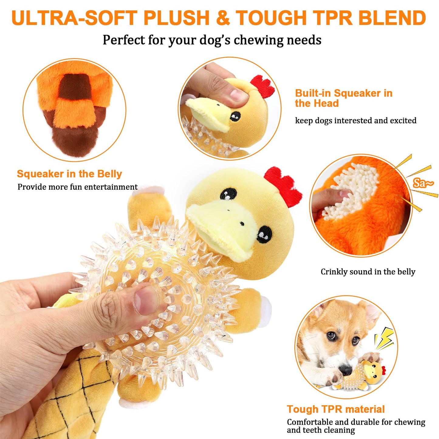 Tierglück Interactive Squeaky Dog Toys for Small, Medium & Large Dogs, 3-Pack No-Stuffing Plush Chew Toys with Crinkle Sound – Durable, Safe Teething & Boredom Relief Toys for Puppies and Adult Dogs