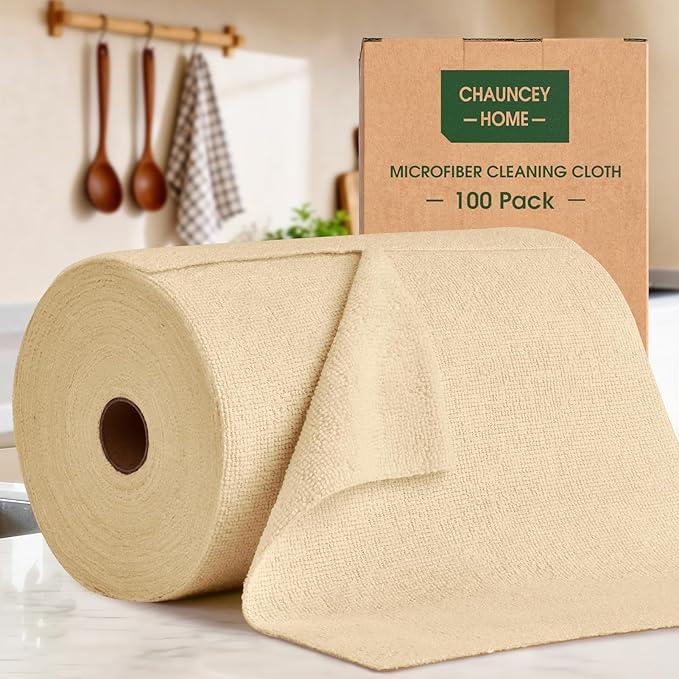 Microfiber Cleaning Cloth Roll–100 Pack, Tear Away Microfiber Towels, Reusable, Washable, Scratch-Free, Kitchen Towels for Car, Home, Kitchen, Glass, Dishes (Wheat Beige)