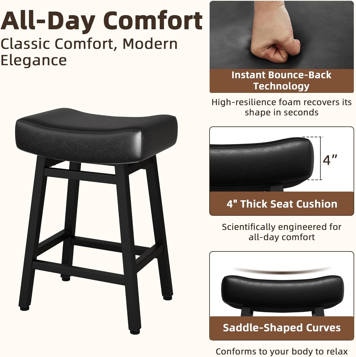 Counter Height Bar Stools Set of 6, 24 Inch Backless BarStools for Kitchen Island Leather Saddle Bar Chairs Kitchen Stools with 4" Thick Seats & Heavy Duty Metal Base, Black