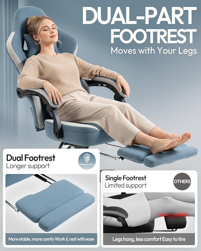 Dowinx Gaming Chair with Footrest, Breathable Fabric Gamer Chair with Gel Pad and Storage Bag, Ergonomic Office Chair with Lumbar Support for Home Task, Blue